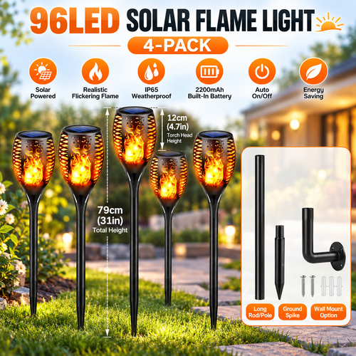 Aangan 96 LED solar flame garden light, 4-pack with ground stakes and wall mounts