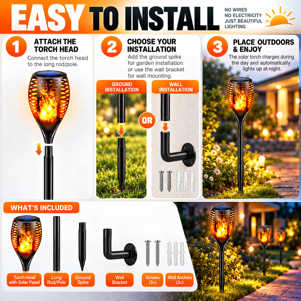 Aangan 96 LED solar flame garden light shown in an outdoor setting
