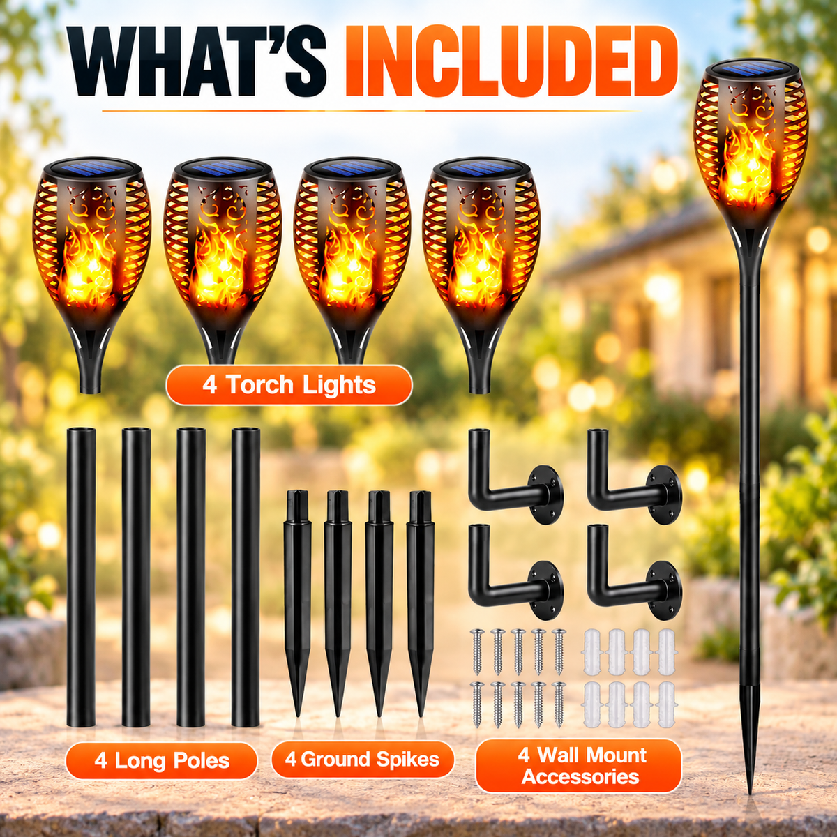 Aangan solar flame torch, 79 cm tall on its ground stake, no wiring required