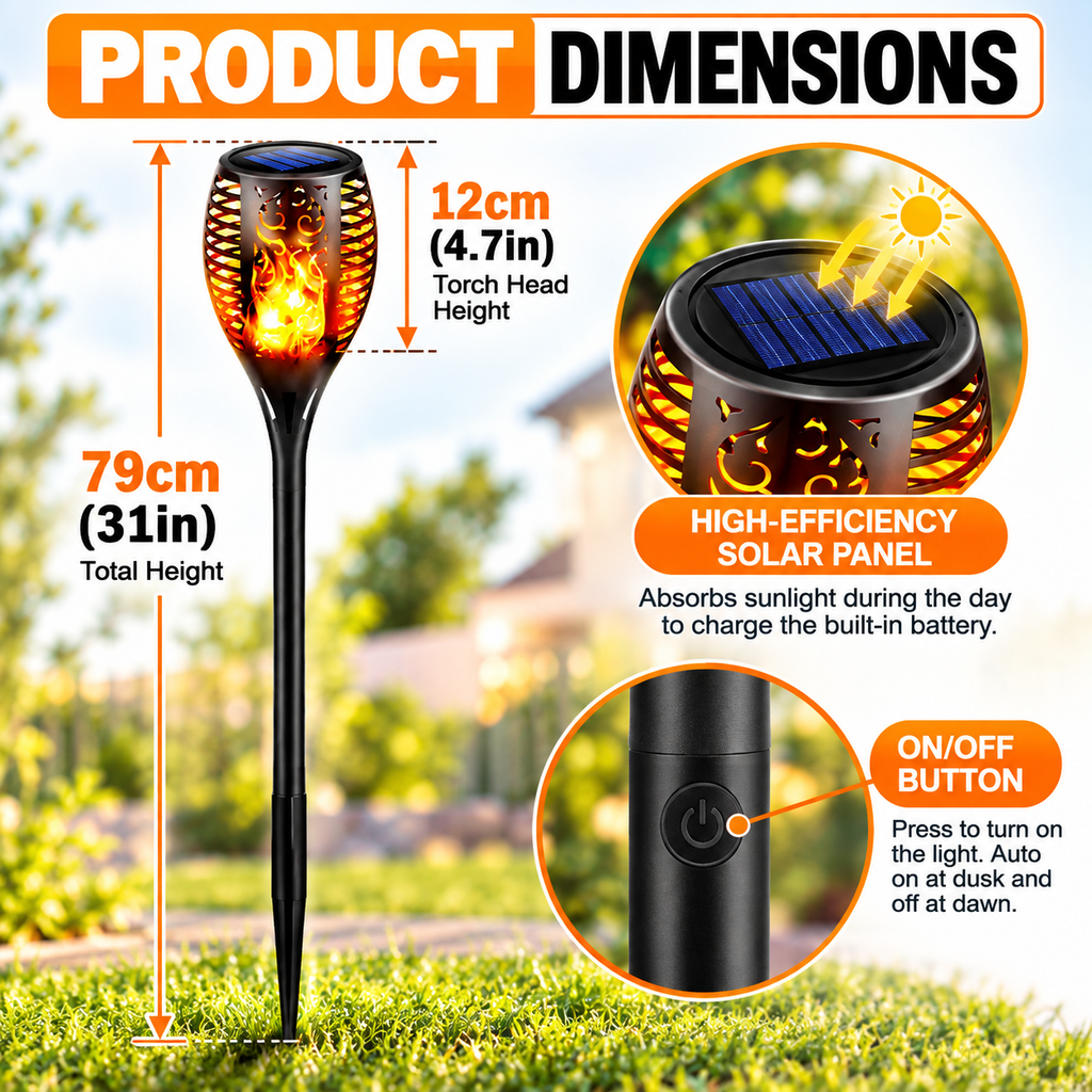 Aangan solar flame garden light dimensions, 79 cm total height and 12 cm torch head