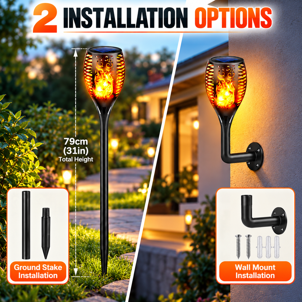 Aangan solar flame garden light shown with ground stake and wall mount fitting options