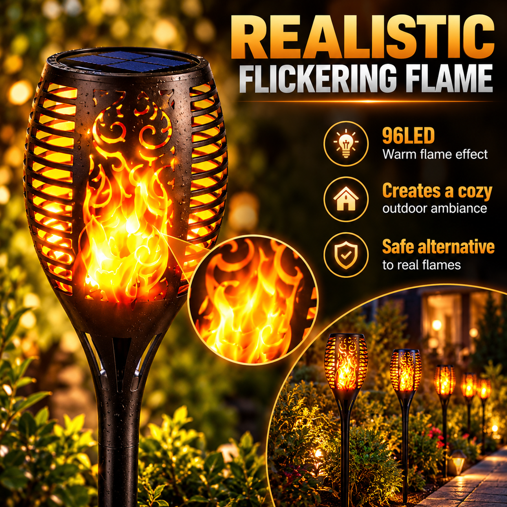 Close-up of the 96 LED flickering flame effect inside the Aangan solar torch