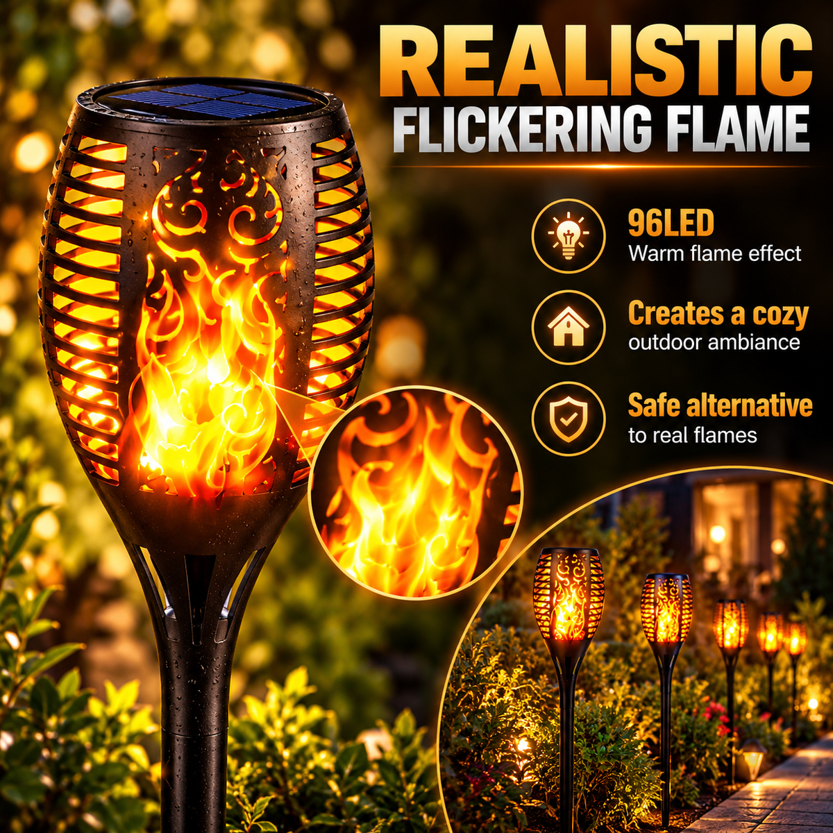 Close-up of the 96 LED flickering flame effect inside the Aangan solar torch