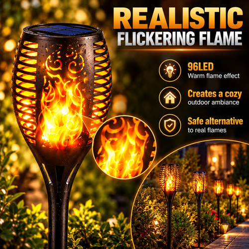 Close-up of the 96 LED flickering flame effect inside the Aangan solar torch