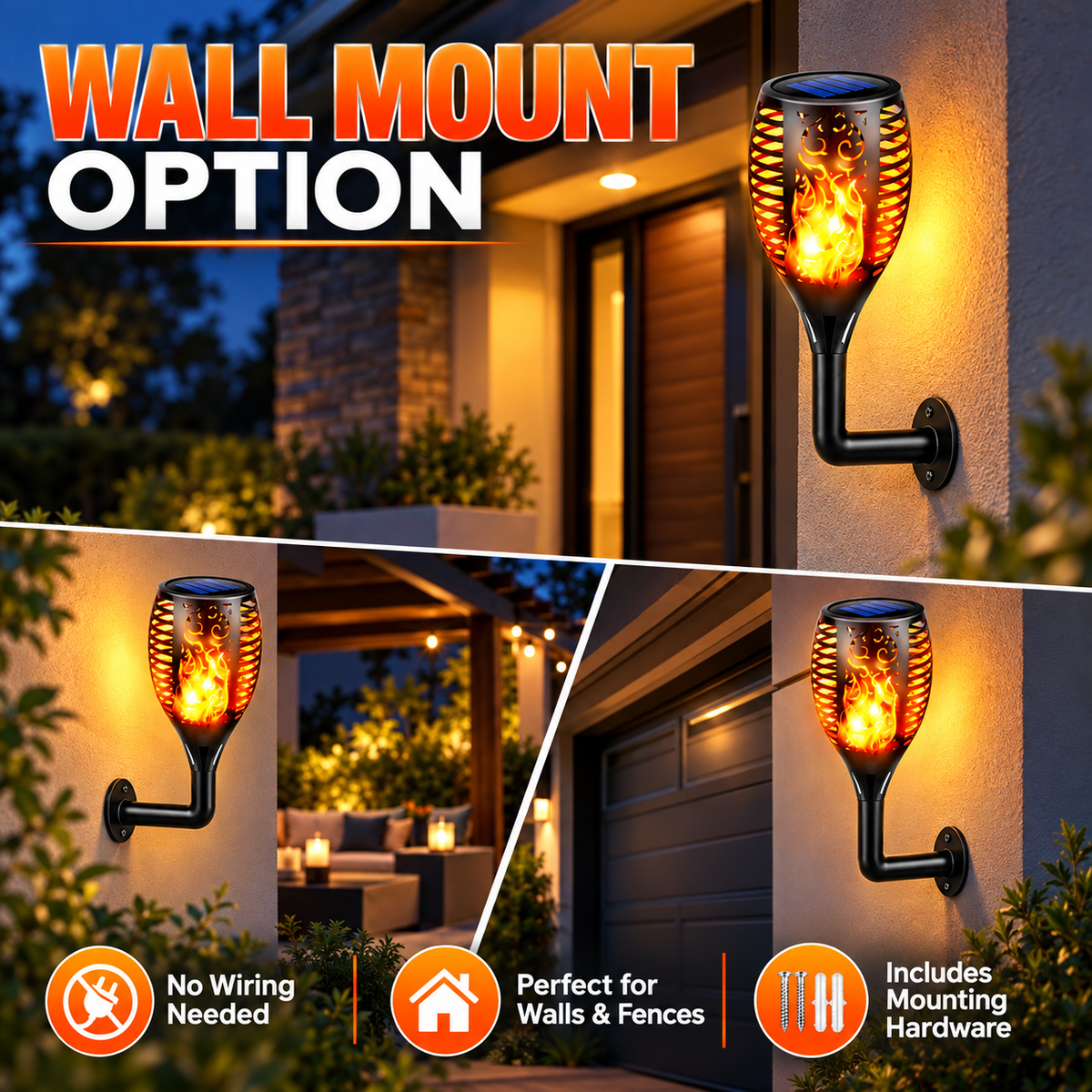 Aangan solar flame light wall mounted beside a doorway, no wiring needed
