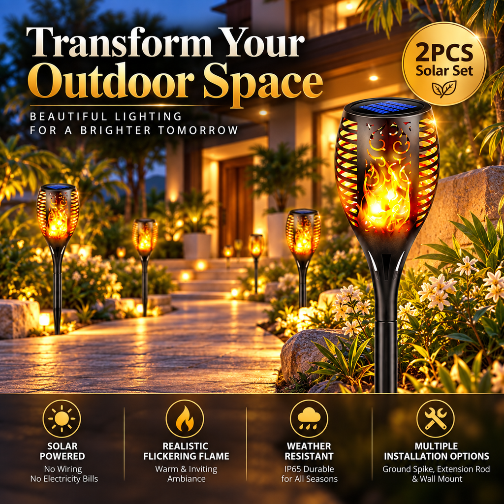 Aangan solar flame garden lights along a driveway, solar powered with no running cost
