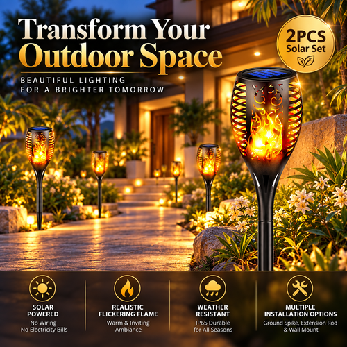 Aangan solar flame garden lights along a driveway, solar powered with no running cost