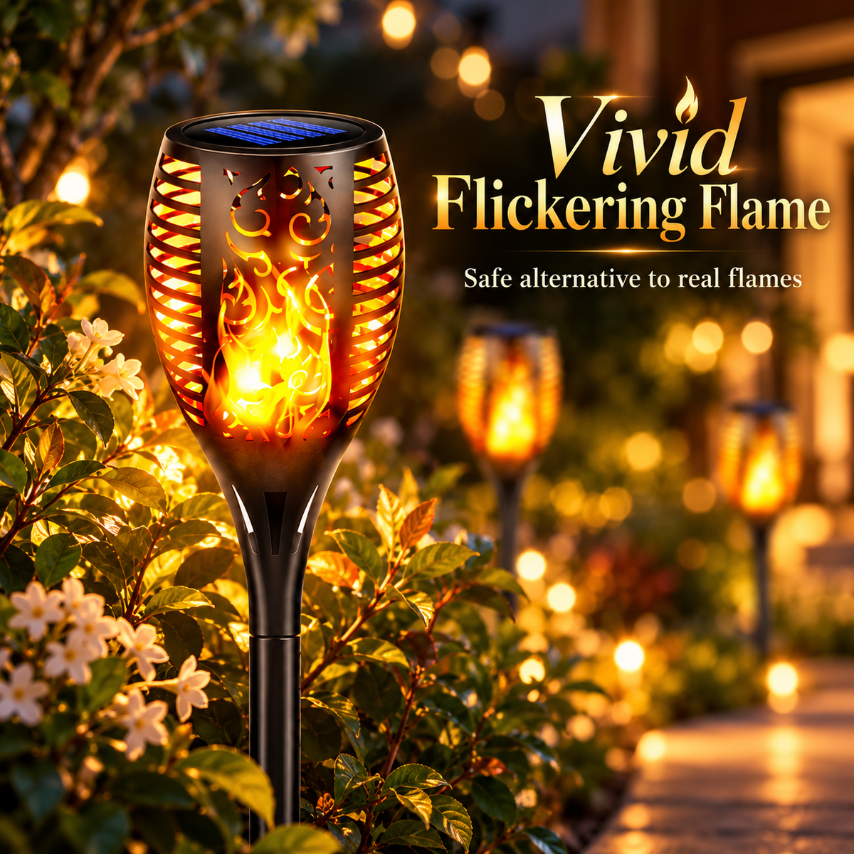 Aangan solar flame garden light with realistic flickering flame effect at dusk