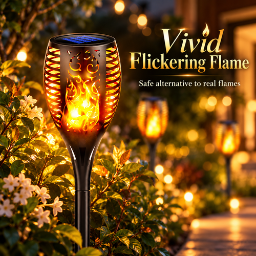Aangan solar flame garden light with realistic flickering flame effect at dusk